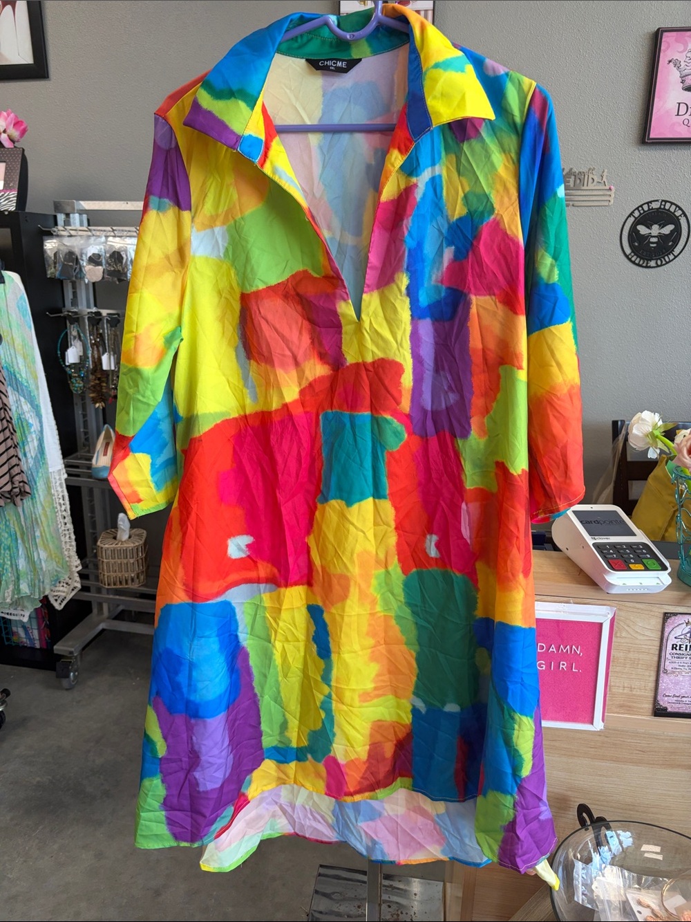 CHICME Multicolor Abstract Midi Shirt Dress in Bright Rainbow